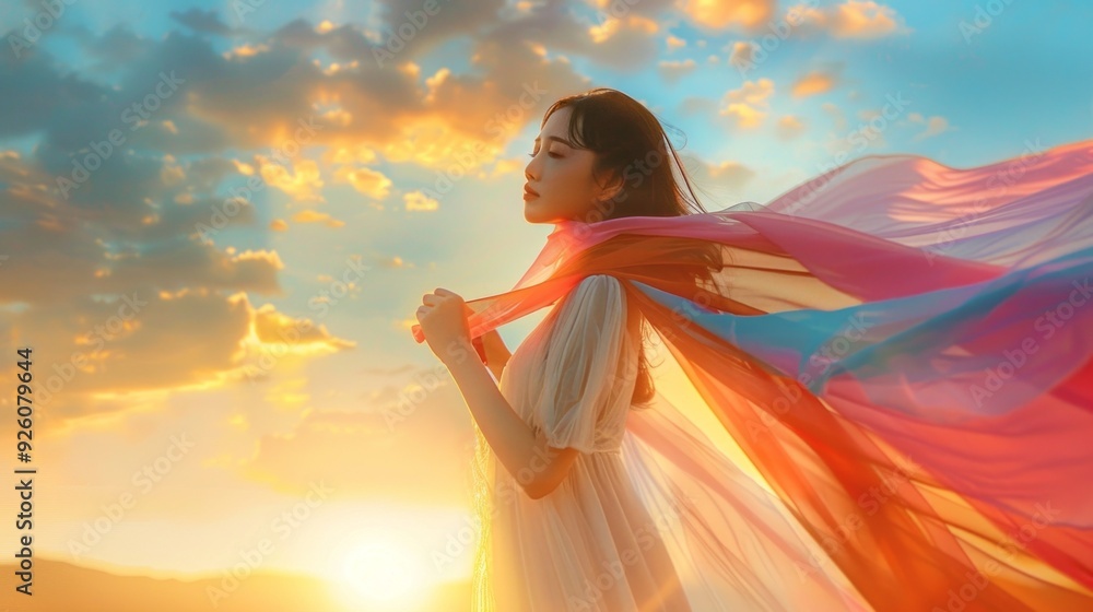 A graceful woman adorned in a white dress sways gently in the breeze, colorful fabric flowing around her as the sun sets behind her. A graceful woman adorned in a white dress sways gently in the breeze, colorful fabric flowing around her as the sun sets behind her.