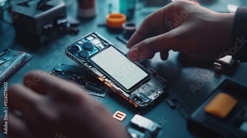 Technician repairing a smartphone on a workbench with precision tools, highlighting intricate hardware components and technical expertise. photo