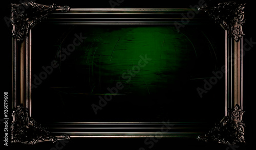 Grunge Vintage Background in horizontal Orientation and Dark green and black tones with a silver frame. photo