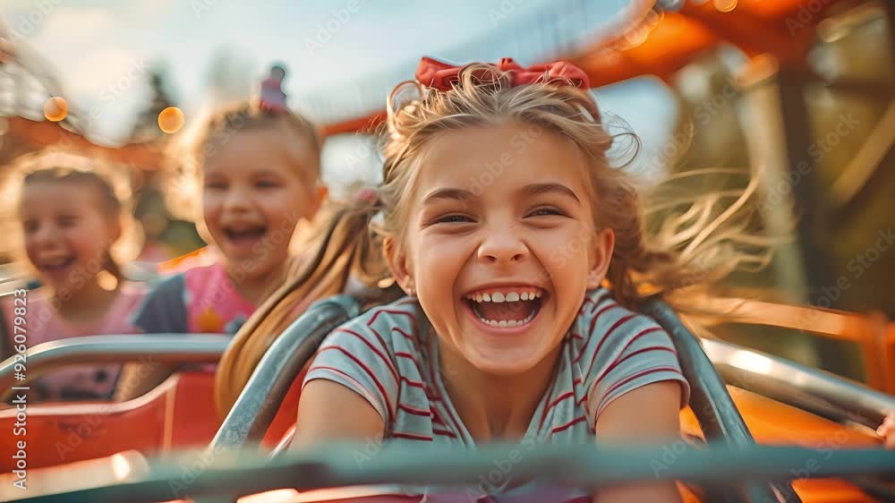 Two happy young girls ride a roller coaster at an amusement park. They are laughing and having fun. Two happy young girls ride a roller coaster at an amusement park. They are laughing and having fun.