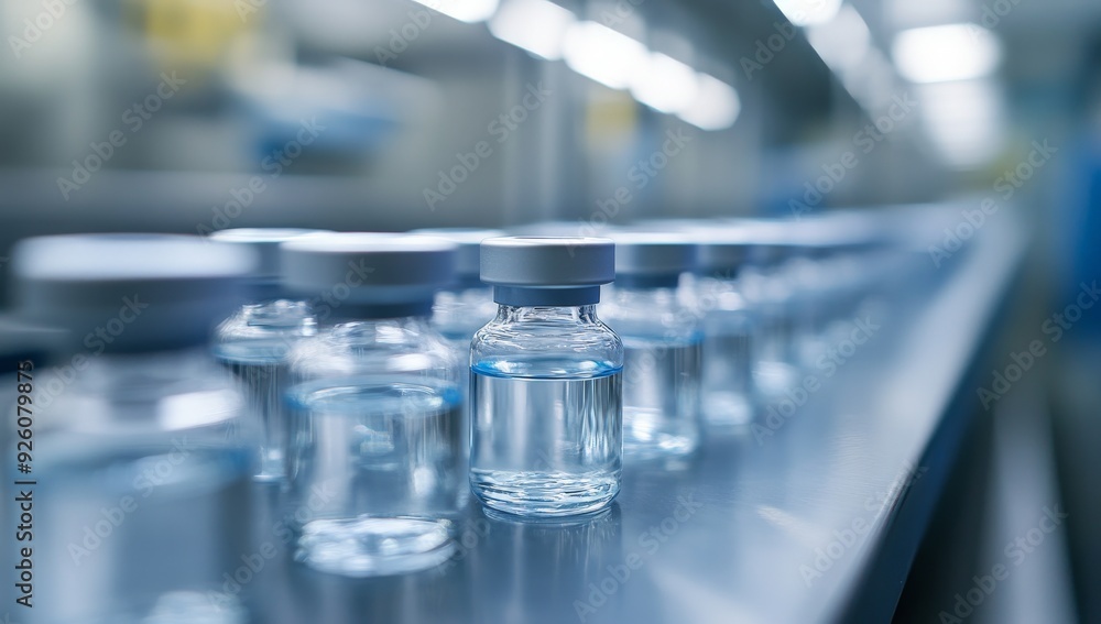 Sterile Vaccine Vials on Production Line in Modern Pharmaceutical Manufacturing Facility
