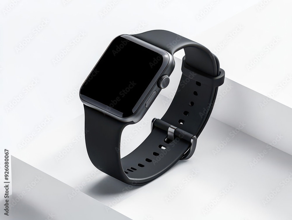 Black smartwatch with black band on a white background. Black smartwatch with black band on a white background.