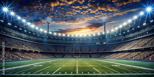 End zone perspective of football stadium filled with cheering crowd under stadium lights, Football, End zone, Stadium, Lights