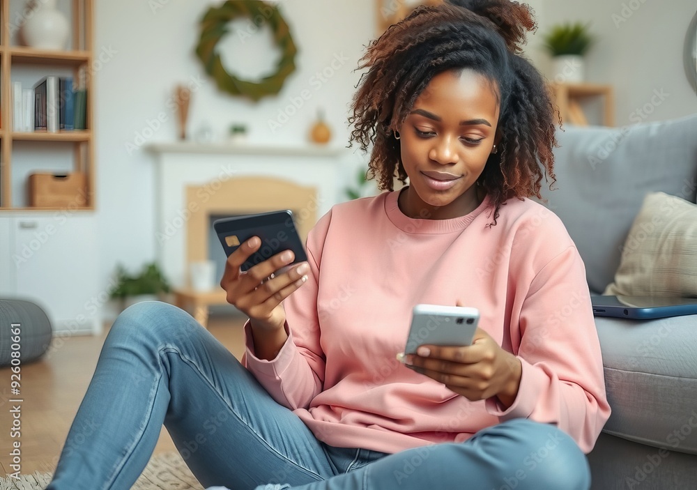 Young adult female consumer holding a credit card & smartphone and sitting on the floor at home.