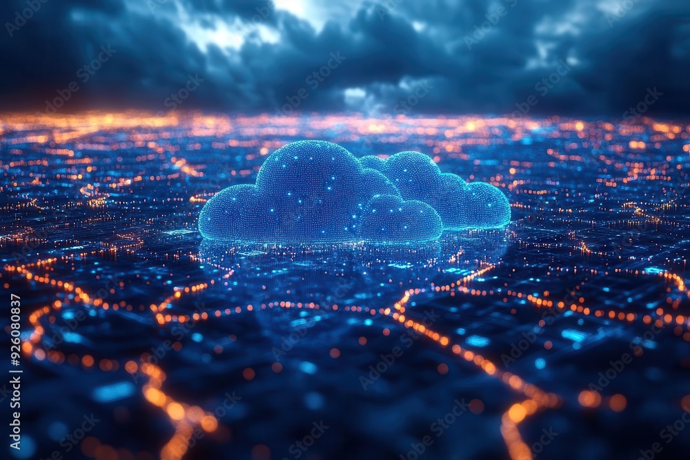 seamless cloud integration concept holographic devices connected to central cloud flowing data streams futuristic interface cool blue tones sleek design seamless cloud integration concept holographic devices connected to central cloud flowing data streams futuristic interface cool blue tones sleek design
