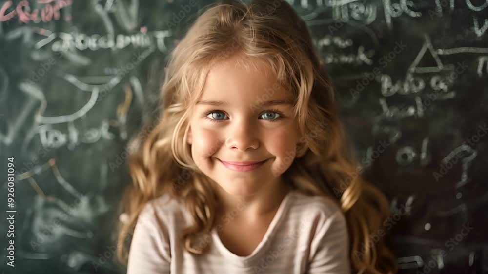 A young girl with blonde hair and blue eyes smiles at the camera. She is standing in front of a chalkboard with white chalk writing. A young girl with blonde hair and blue eyes smiles at the camera. She is standing in front of a chalkboard with white chalk writing.