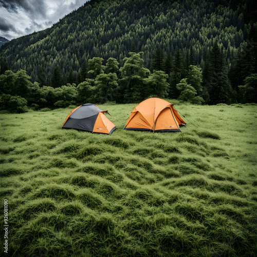 Tent on the grass, wilderness camping, outdoor sports, middle-class lifestyle