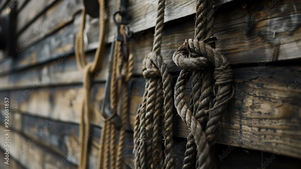 Rope hanging on the wall of an old wooden building. Rope hanging on the wall of an old wooden building.
