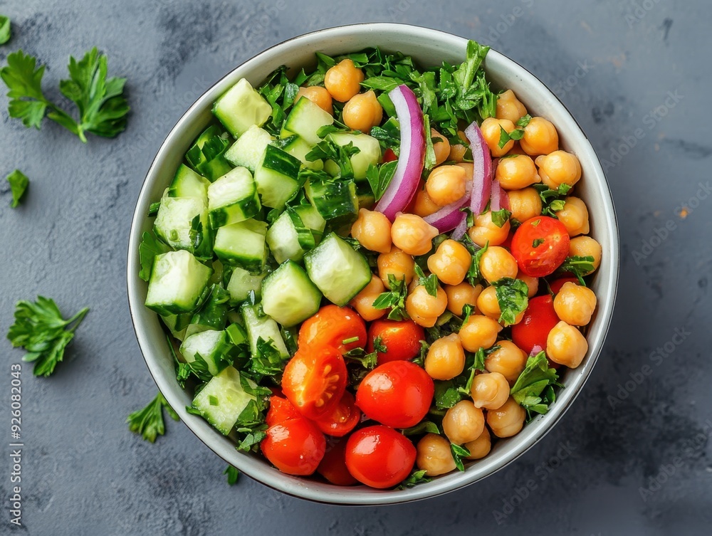 A colorful bowl of fresh vegetables and chickpeas, perfect for a healthy meal. A colorful bowl of fresh vegetables and chickpeas, perfect for a healthy meal.