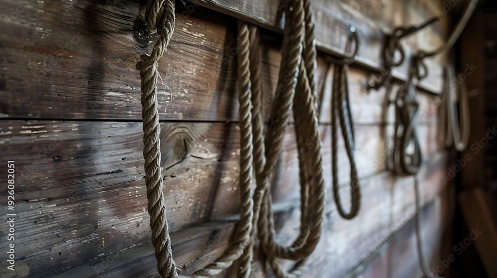 Rope hanging on the wall of an old wooden building. Rope hanging on the wall of an old wooden building.