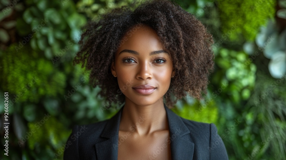 A poised woman stands against a vibrant backdrop of greenery, exuding confidence and elegance with her natural beauty and expressive gaze A poised woman stands against a vibrant backdrop of greenery, exuding confidence and elegance with her natural beauty and expressive gaze