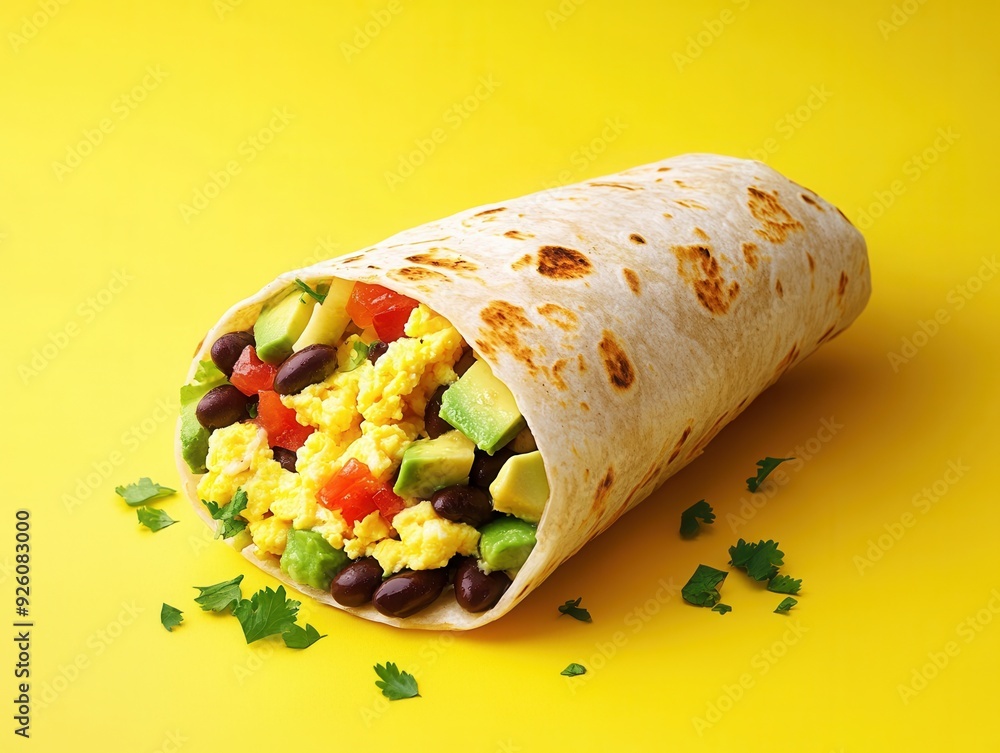 A colorful burrito filled with scrambled eggs, black beans, and fresh vegetables. A colorful burrito filled with scrambled eggs, black beans, and fresh vegetables.