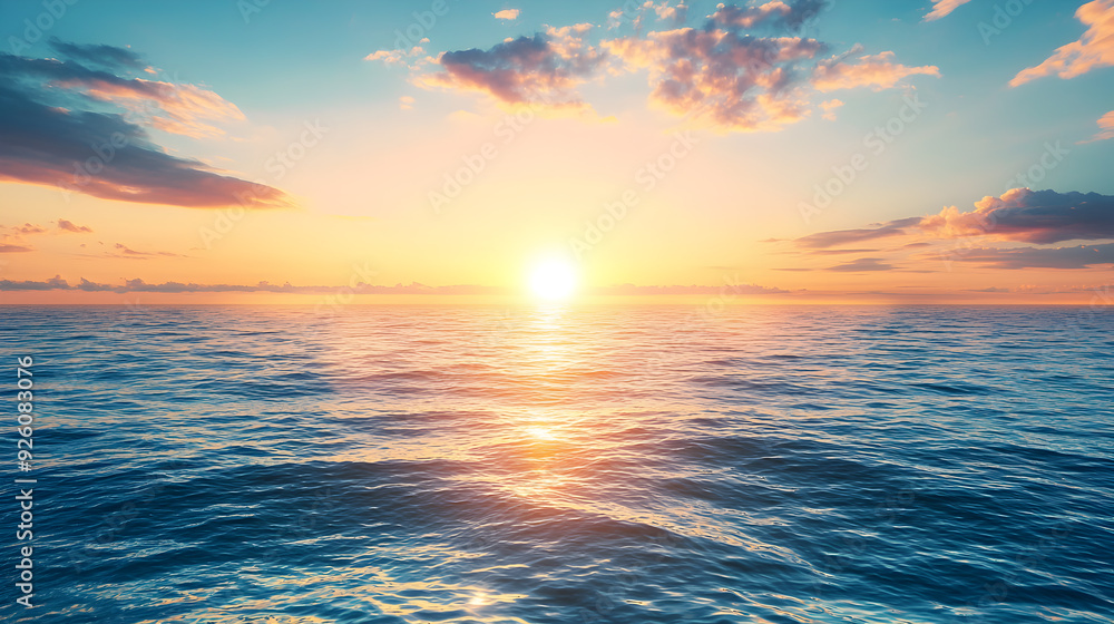 Obraz premium Calm ocean water reflecting a golden sunset with a blue sky and wispy clouds.