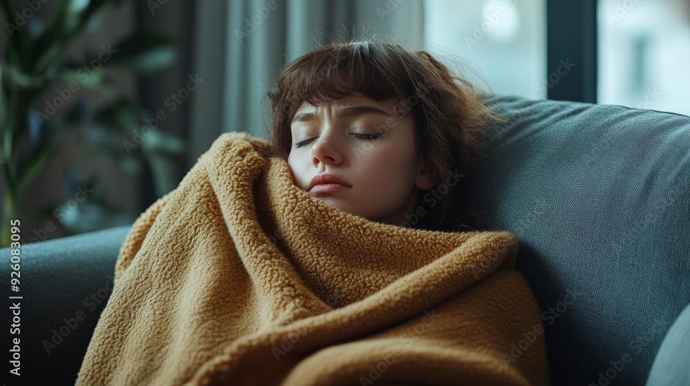 Young Woman Resting on Couch Wrapped in Cozy Blanket in Natural Light Young Woman Resting on Couch Wrapped in Cozy Blanket in Natural Light