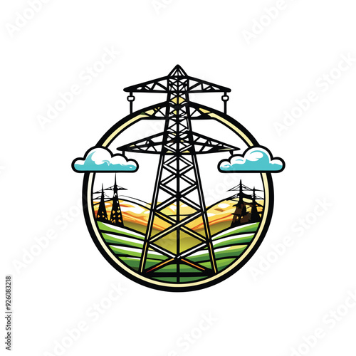 A minimalist vector image of a power transmission tower in a circular frame with clouds and landscape.