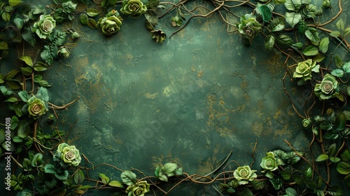 Wallpaper Mural Design a grunge green wall background with a fantasy touch, showcasing an elaborate floral frame adorned with green roses. Add twigs, branches, leaves, ivy, and intertwining vines with lush flowers Torontodigital.ca