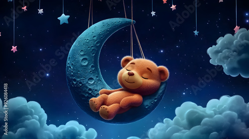 Cute teddy bear sleeping on a crescent moon in a starry night sky.