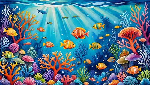 Vibrant underwater scene with colorful fish and coral reefs.