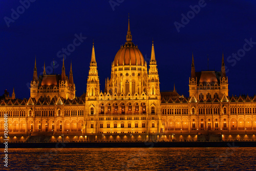 Hungarian Parliament Building Nighttime View with River