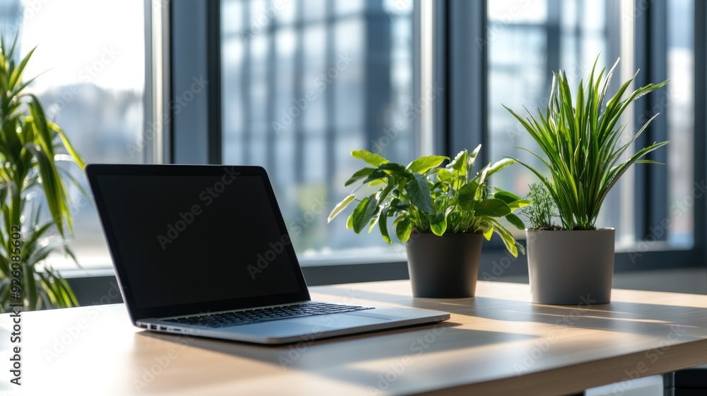 Natural light fills a modern office workspace featuring an open laptop and vibrant potted plants, creating a refreshing and productive atmosphere Natural light fills a modern office workspace featuring an open laptop and vibrant potted plants, creating a refreshing and productive atmosphere
