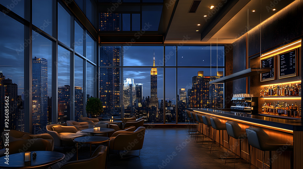 Modern bar with a view of the city skyline. Modern bar with a view of the city skyline.