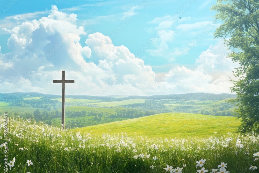 christian background with jesus cross and beautiful green field , ai christian background with jesus cross and beautiful green field , ai