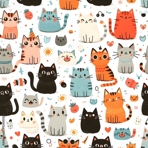 Cute Cat Seamless Pattern Background -  Funny Cartoon Animals Design