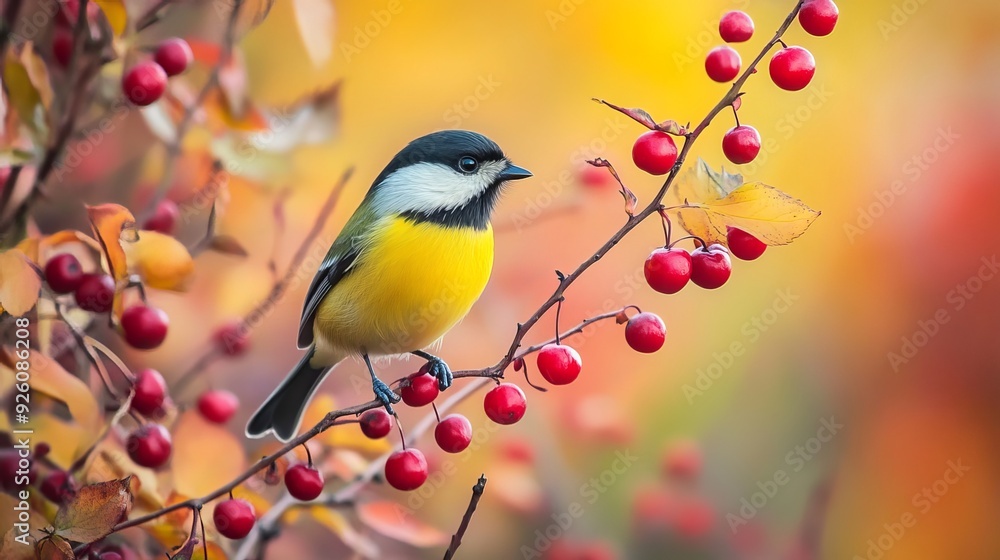A great tit (Parus major) perched on a rosehip in autumn, surrounded by colorful fall nature. The small yellow bird is observing its surroundings from a bush with red berries A great tit (Parus major) perched on a rosehip in autumn, surrounded by colorful fall nature. The small yellow bird is observing its surroundings from a bush with red berries