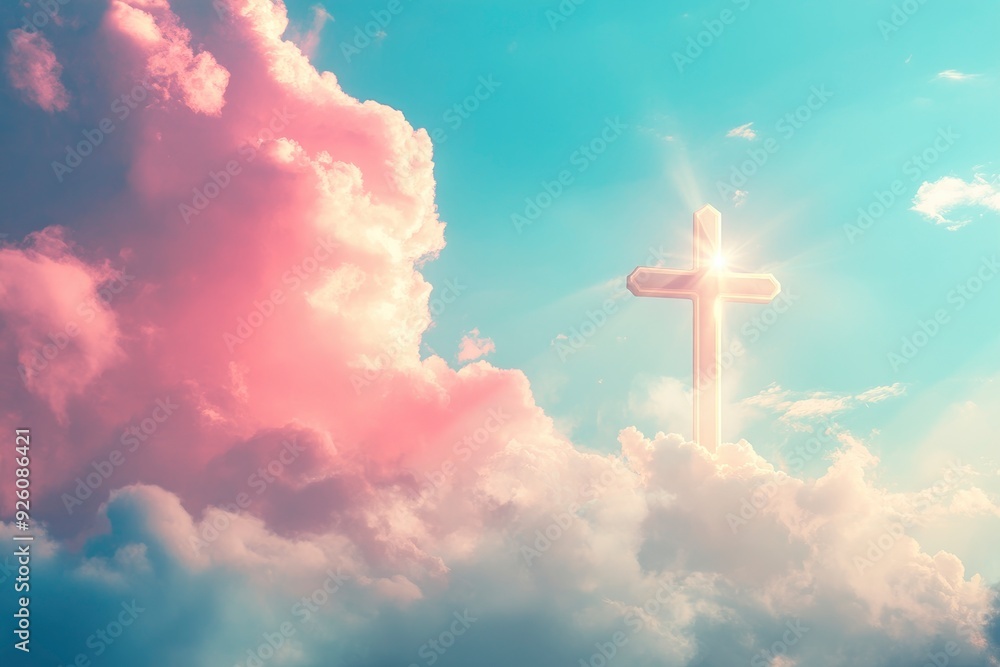 Christian cross appeared bright in the sky with soft fluffy clouds, white, beautiful colors. With the light shining as hope, love and freedom in the sky background , ai Christian cross appeared bright in the sky with soft fluffy clouds, white, beautiful colors. With the light shining as hope, love and freedom in the sky background , ai