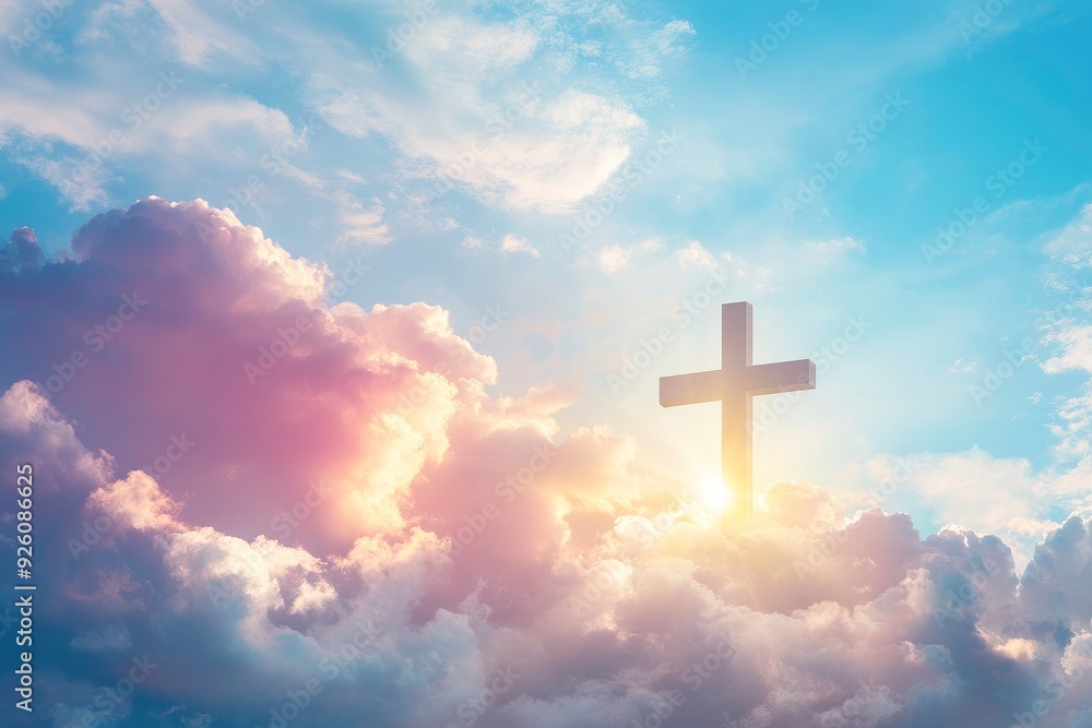 Christian cross appeared bright in the sky with soft fluffy clouds, white, beautiful colors. With the light shining as hope, love and freedom in the sky background , ai Christian cross appeared bright in the sky with soft fluffy clouds, white, beautiful colors. With the light shining as hope, love and freedom in the sky background , ai