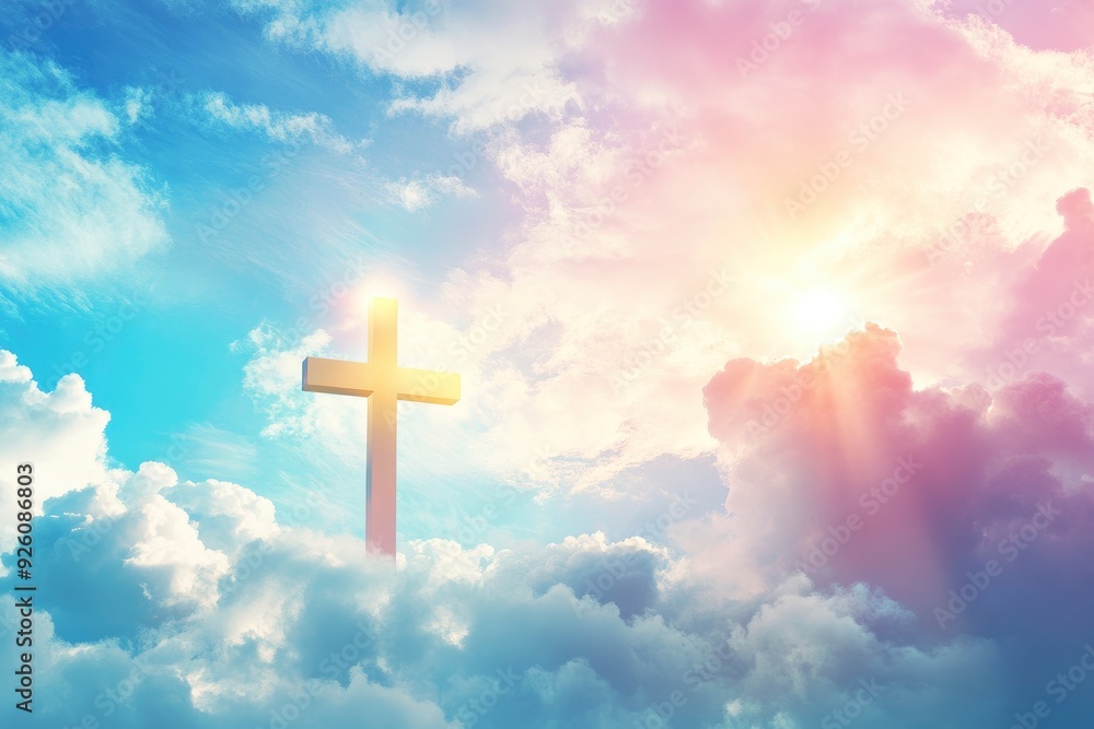 Christian cross appeared bright in the sky with soft fluffy clouds, white, beautiful colors. With the light shining as hope, love and freedom in the sky background , ai