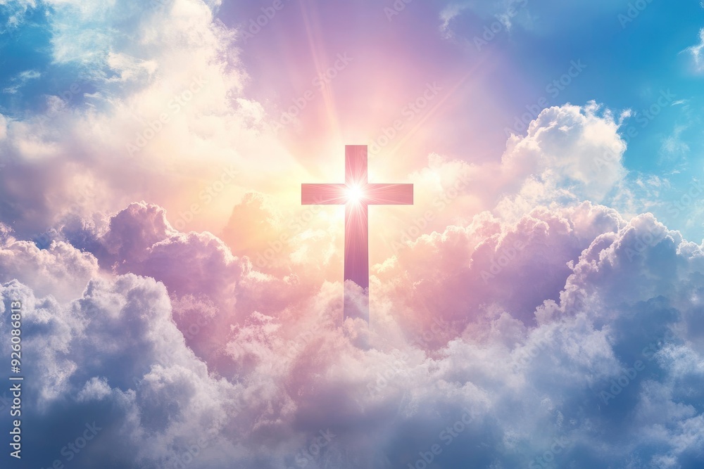 Christian cross appeared bright in the sky with soft fluffy clouds, white, beautiful colors. With the light shining as hope, love and freedom in the sky background , ai Christian cross appeared bright in the sky with soft fluffy clouds, white, beautiful colors. With the light shining as hope, love and freedom in the sky background , ai