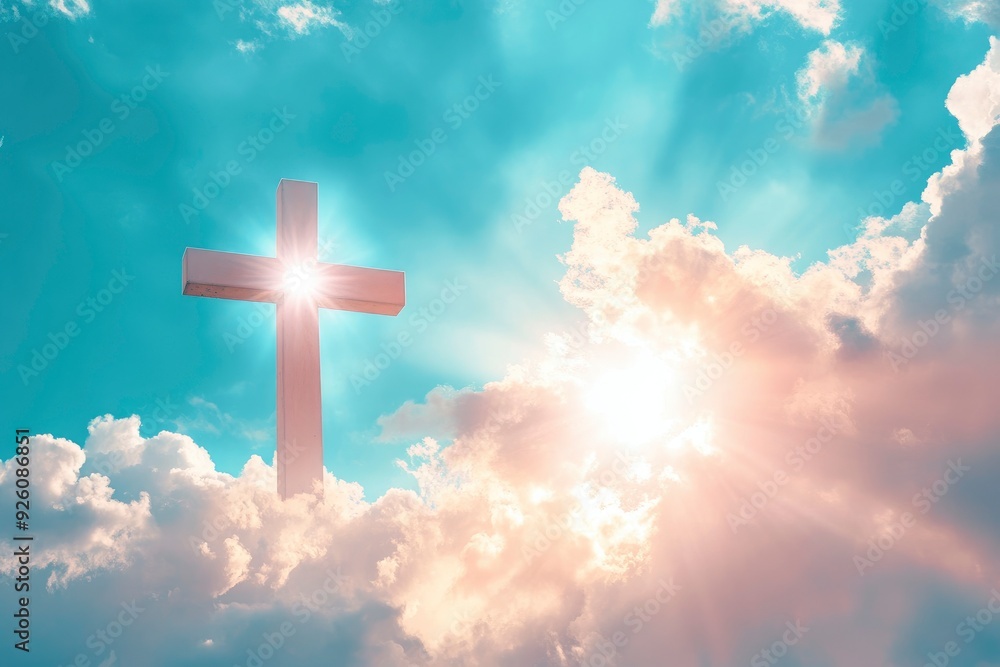 Christian cross appeared bright in the sky with soft fluffy clouds, white, beautiful colors. With the light shining as hope, love and freedom in the sky background , ai Christian cross appeared bright in the sky with soft fluffy clouds, white, beautiful colors. With the light shining as hope, love and freedom in the sky background , ai