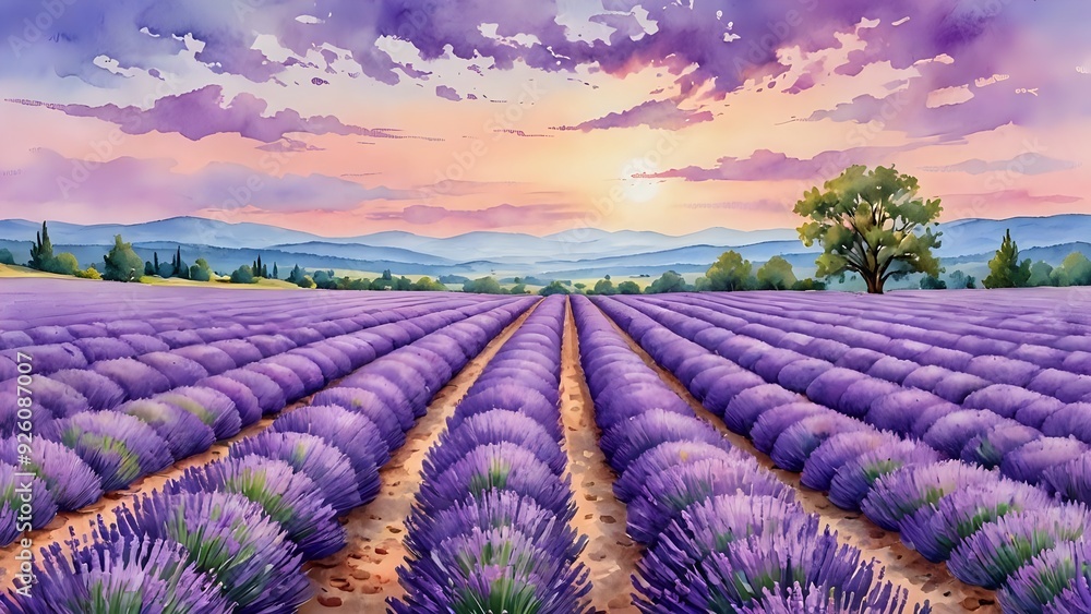 A watercolor painting of a lavender field at sunset, with a lone tree in the foreground and mountains in the distance. A watercolor painting of a lavender field at sunset, with a lone tree in the foreground and mountains in the distance.