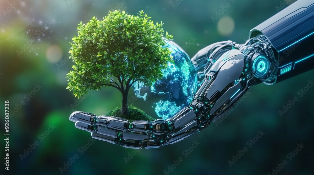 ภาพประกอบสต็อก A robot hand holding a globe and tree with an ...