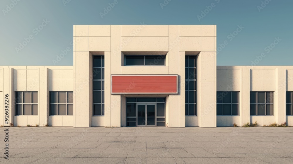 Modern commercial building with clean lines and spacious facade, featuring large windows and a blank red sign for customization. Modern commercial building with clean lines and spacious facade, featuring large windows and a blank red sign for customization.