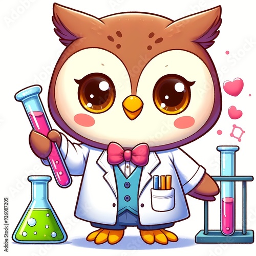 Cute Owl Scientist Holding Lab Tube Cartoon Vector Icon Illustration photo