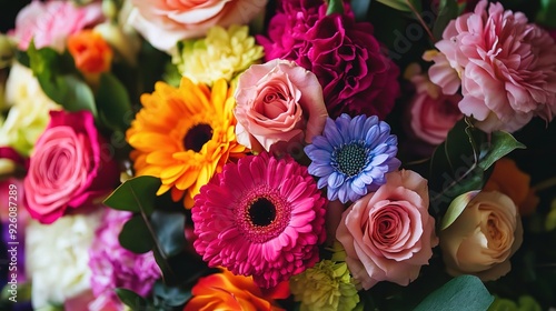 Vibrant Floral Bouquet: A close-up shot of a lavish bouquet overflowing with colorful roses, gerberas, and carnations. Perfect for celebrating life's special moments.