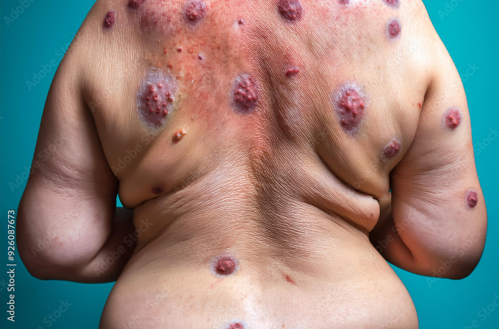 Monkeypox Virus on the skin, Microscopic View of the Monkeypox Virus. Close-Up Image of the Monkeypox Virus Structure, Skin Manifestation of Monkeypox, Dermatological viruses Monkeypox Monkeypox Virus on the skin, Microscopic View of the Monkeypox Virus. Close-Up Image of the Monkeypox Virus Structure, Skin Manifestation of Monkeypox, Dermatological viruses Monkeypox