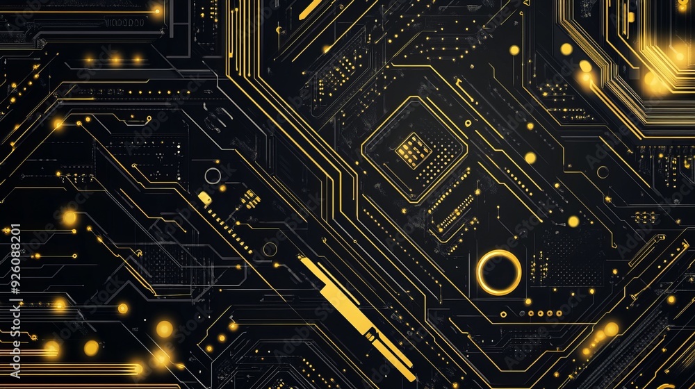 A vector high-tech technology background featuring a circuit board or electronic motherboard in gold, brass, and silver. The design includes lines and dots connecting various components A vector high-tech technology background featuring a circuit board or electronic motherboard in gold, brass, and silver. The design includes lines and dots connecting various components