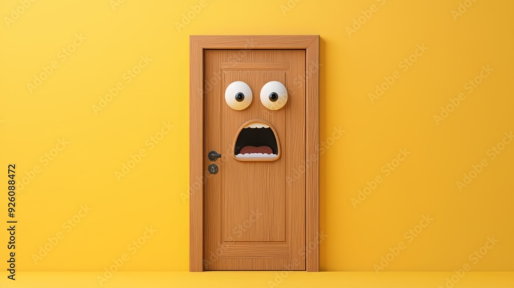 A whimsical door with large, surprised eyes set against a vibrant yellow wall, creating a playful and fun atmosphere. A whimsical door with large, surprised eyes set against a vibrant yellow wall, creating a playful and fun atmosphere.