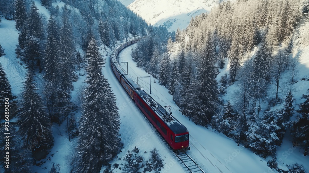 An aerial view of a train traveling through a renowned mountain in Filisur, Switzerland, set against a snowy winter landscape in the Swiss Alps. An aerial view of a train traveling through a renowned mountain in Filisur, Switzerland, set against a snowy winter landscape in the Swiss Alps.