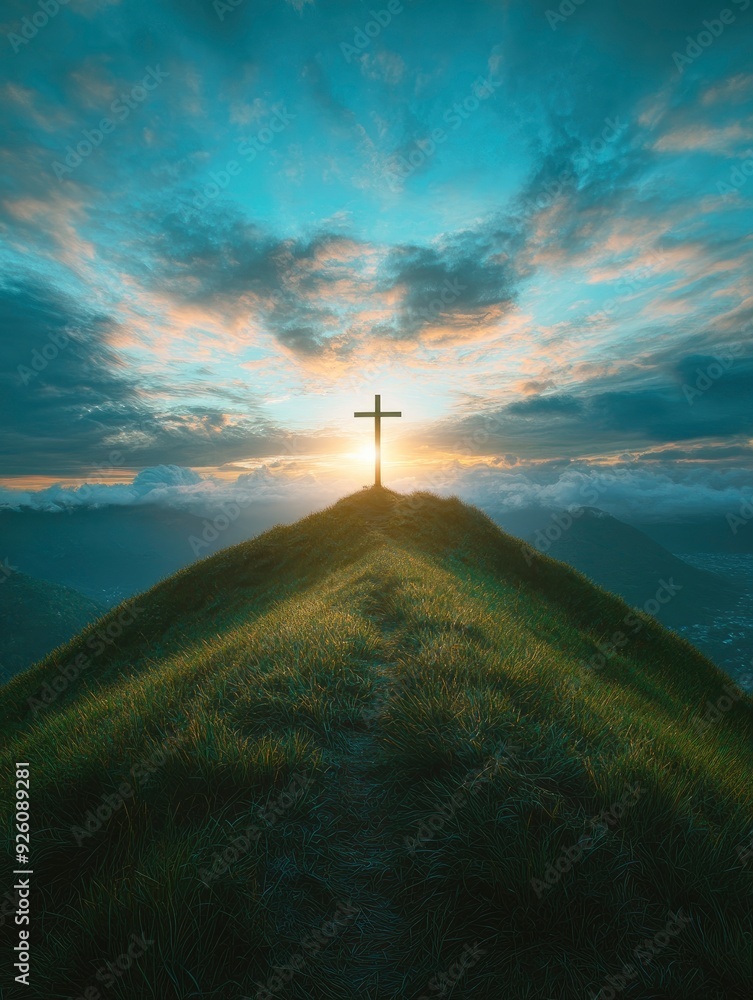 Obraz premium Cristian cross on top of a green hill at sunset , ai