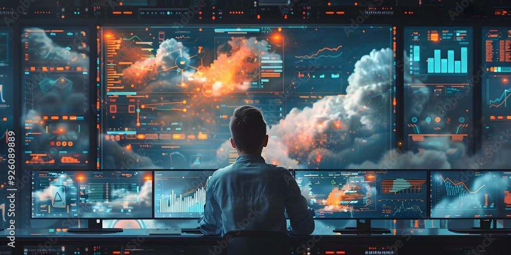 Data Scientist Analyzing Cloud Efficiency with Detailed Charts and Visuals on a Futuristic Digital Interface Data Scientist Analyzing Cloud Efficiency with Detailed Charts and Visuals on a Futuristic Digital Interface