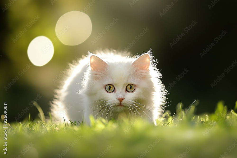 White fluffy kitten crouched low on grass, focused and playful in a sunlit garden White fluffy kitten crouched low on grass, focused and playful in a sunlit garden