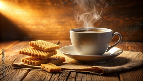 Warm beige tones and golden light emphasize the comforting familiarity of a steaming cup of coffee paired with a crunchy vanilla wafer on a quiet morning. photo