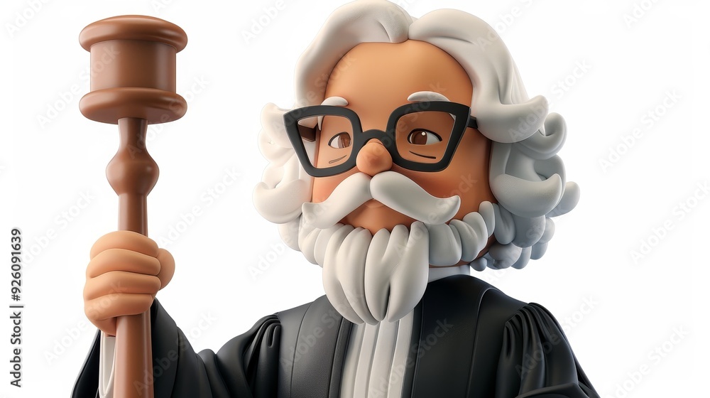 A 3D clipart of a judge holding a gavel, in a courtroom setting, white background, legal authority A 3D clipart of a judge holding a gavel, in a courtroom setting, white background, legal authority