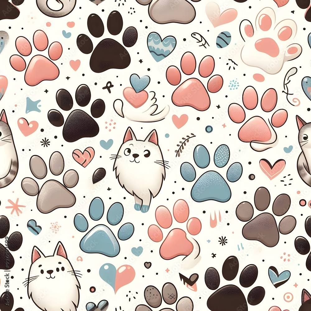Fototapeta premium Seamless Pattern with Cute Cats, Paw Prints and Hearts
