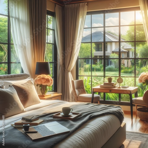 Comfortable Bedroom with Large Windows and Natural Light