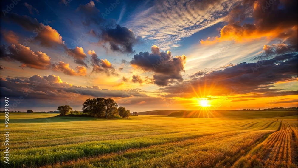 Obraz premium Sunset casting a warm glow over a stunning field landscape, sunset, field, nature, sky, colorful, dusk, horizon, serene